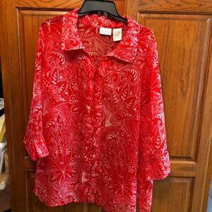 White Stag   Red and White Paisley/floral button down sheer blouse size 18/20